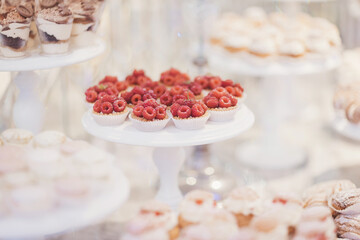 Dessert display featuring raspberry tarts and assorted sweets at a special event in a beautifully decorated venue