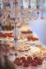 Delightful assortment of pastries and desserts displayed elegantly under a sparkling chandelier at a pastry shop