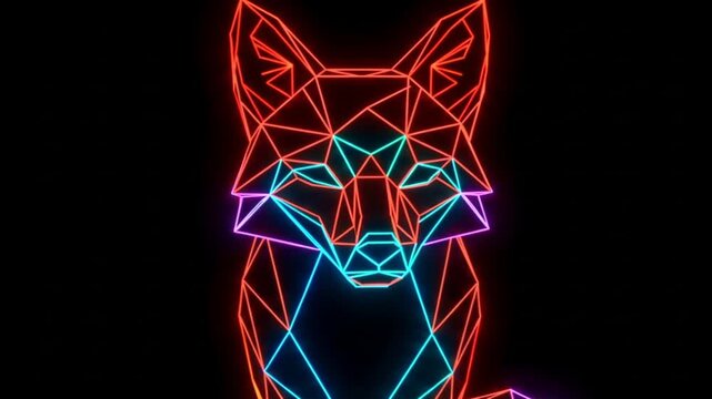Neon low poly wolf animation, colorful geometric shapes on black background, seamless loop