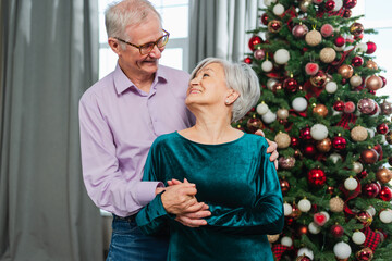 Merry Christmas. Happy senior couple smiling near Christmas tree at home. Happy family old man woman with Christmas tree. Grandparents celebrating New Year together near tree fir. Family moments