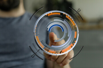 A person's finger interacts with a modern holographic interface, emphasizing technology, innovation, and digital interaction. Great f