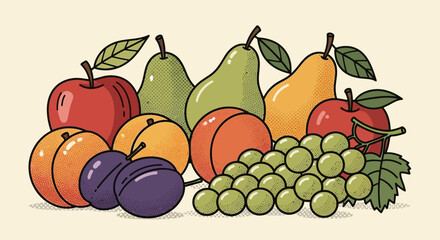Vibrant assortment of fresh fruits illustration in vintage pop art style