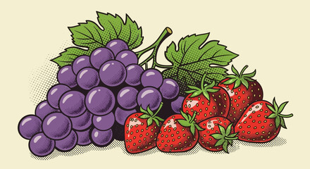 Vibrant pop art illustration of juicy grapes and fresh strawberries delight