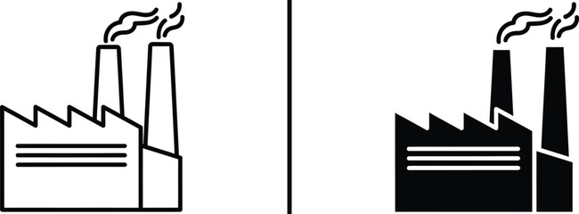 Industrial Factory Icon – Manufacturing Plant with Smoke Chimneys