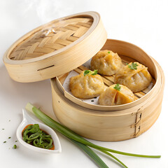 Delicious steamed dumplings tantalize taste buds in bamboo steamer with fresh greens