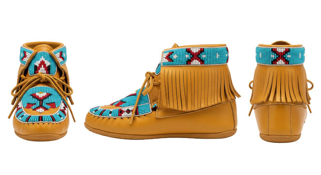 Traditional native american moccasins with beadwork and fringe in three different views
