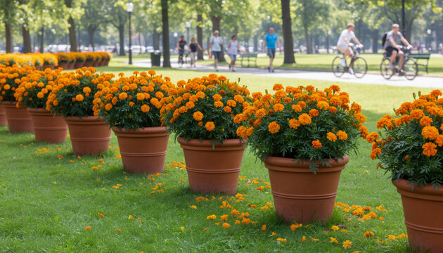 Orange marigold flowers in pots lining a park path on sunny day