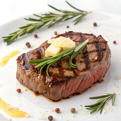Juicy grilled steak topped with butter and rosemary ready to eat for dinner tonight
