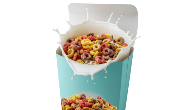 Cereal box with colorful whole grain loops and milk splashing into a bowl, healthy breakfast