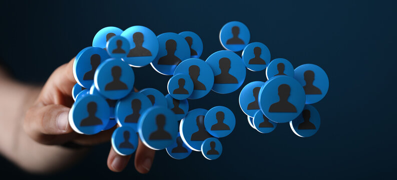 Abstract image representing communication, community, social media, and digital networking. Person holding circles with silhouettes representing
