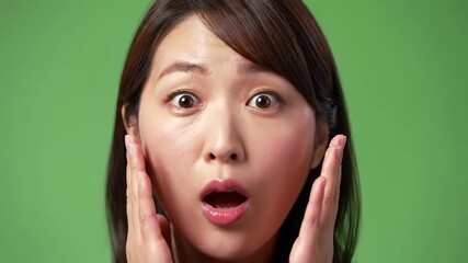 Closeup of a surprised young Asian woman with wide eyes and open mouth expressing shock and amazement on a green screen background. - Powered by Adobe