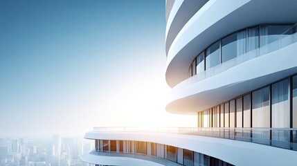 Modern Curved Architecture Building With Balcony At Sunrise