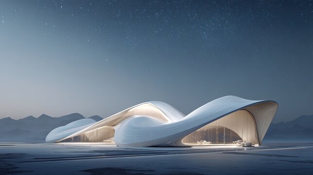 Modern Architectural Structure At Night In Desert Landscape