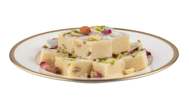 Mix burfi in plate with assorted Indian sweets and festive presentation isolated on white background