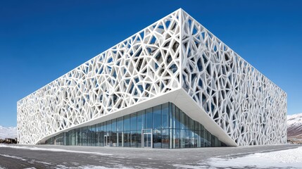 Modern White Building With Geometric Facade In Snowy Landscape