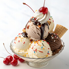 Delicious ice cream sundae with chocolate sauce, sprinkles, and cherries on top ready