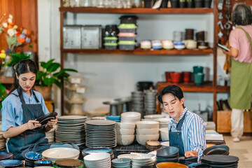 Mother, Son, and Daughter Managing Family Business Ceramic Shop