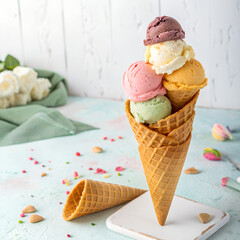 Delicious ice cream cones with vibrant flavors perfect for summer treats and desserts