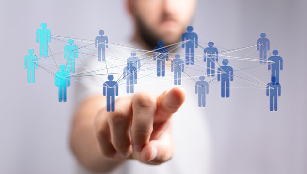 Connecting people and ideas through a digital network. Concept of social networking, global communication and business. Technology, teamwork and