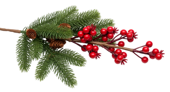Festive christmas branch with pine cones and red berries isolated isolated on transparent background