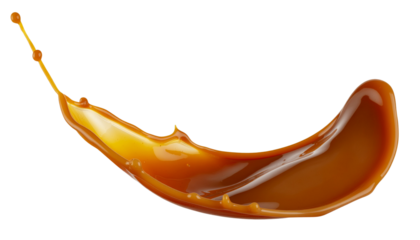 Delicious caramel splash on transparent background, cut out