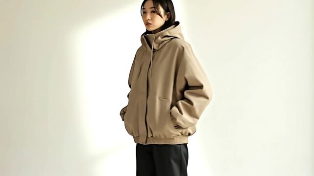 A young Asian woman stands with her back to the camera, wearing a beige hooded jacket and black pants. The background is plain and light-colored.