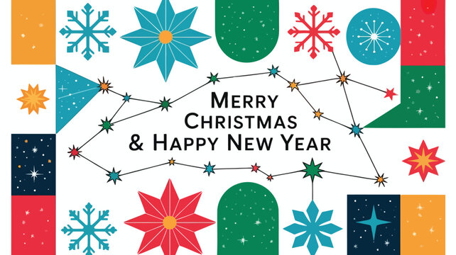 Merry christmas and happy new year greeting card with colorful geometric winter holiday elements and constellation design - Powered by Adobe
