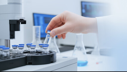 Scientist holding vial in laboratory for longevity research with advanced equipment and clear focus on scientific progress