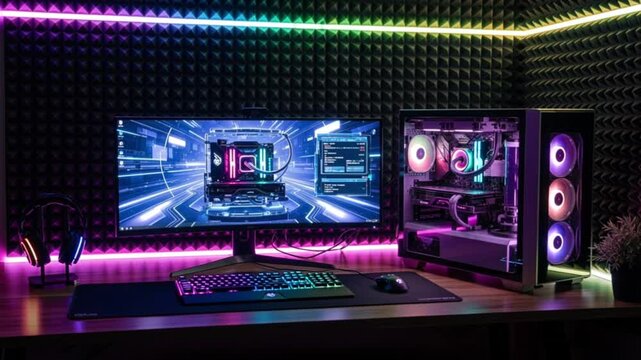 Immersive gaming setup with rgb lighting, high end pc and gaming peripherals showcased