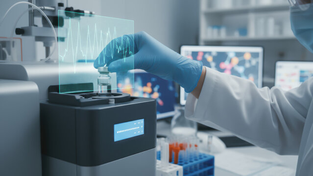 Scientist holding vial in laboratory with futuristic data screen representing longevity research in medical science