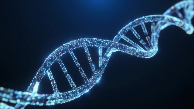 A stunning depiction of a DNA double helix structure glowing in blue light, symbolizing genetic research and innovation.
