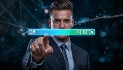 Fototapeta premium Dynamic businessman points to low index score on futuristic interface, showcasing data analysis and investment strategy in a modern digital world
