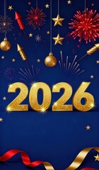 2026 New Year Golden Fireworks Ribbon Background Illustration, Festive Celebration Design Element, Suitable for Greeting Cards, Banners, Web and Social Media Backgrounds, Highlighting Luxurious Holida