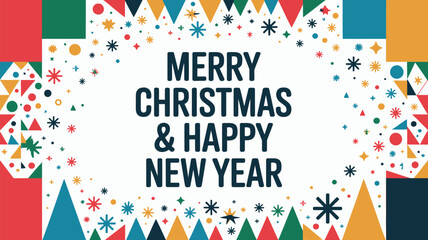 Obraz premium Merry christmas and happy new year text with colorful geometric shapes and festive confetti decorations