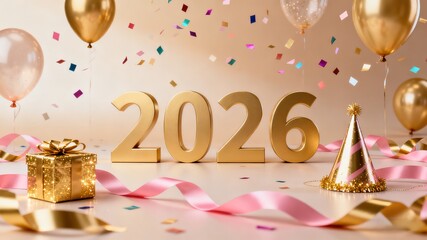 2026 New Year Golden Fireworks Ribbon Background Illustration, Festive Celebration Design Element, Suitable for Greeting Cards, Banners, Web and Social Media Backgrounds, Highlighting Luxurious Holida