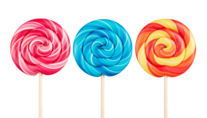 Delicious red swirl lollipop sweet candy treat isolated on yum food sugar on transparent background