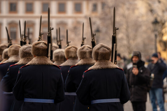 Prague, Czech Republic - December 28, 2024: Prague, Czech Republic - December 28, 2024: Prague Castle Guard ceremonial changing of the shift. No faces