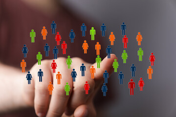 Abstract concept of digital human network connection with a finger pointing towards figures of...