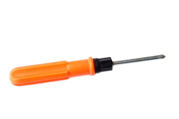 Fototapeta premium An orange-handled Phillips screwdriver isolated on a white background. The photo shows a simple hand tool for repair, construction, or maintenance, ideal for DIY and industrial concepts.