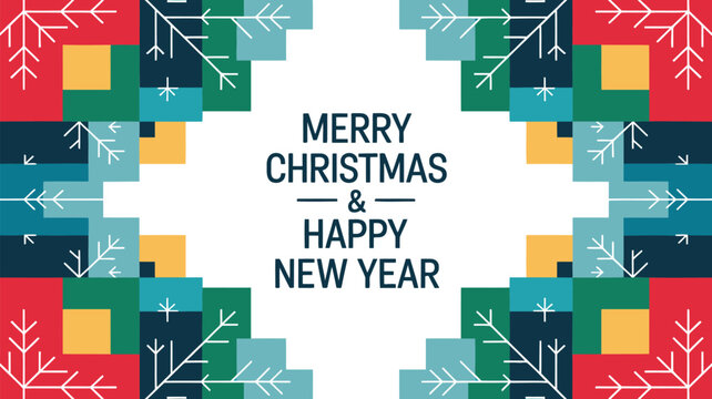 Modern geometric merry christmas and happy new year greeting card with snowflakes and colorful blocks