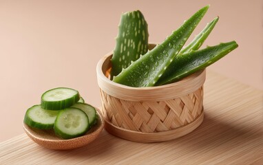 Fresh Aloe Vera and Cucumber Arrangement in Soft Light Displaying Natural Beauty and Wellness Ingredients on Wood