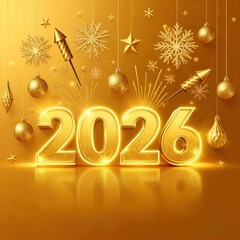 2026 New Year Golden Fireworks Ribbon Background Illustration, Festive Celebration Design Element, Suitable for Greeting Cards, Banners, Web and Social Media Backgrounds, Highlighting Luxurious Holida