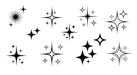 Versatile collection of black sparkle, glitter, and star graphic elements, ideal for adding brilliance and light effects to any design. A shining set of decorative glow and twinkle assets