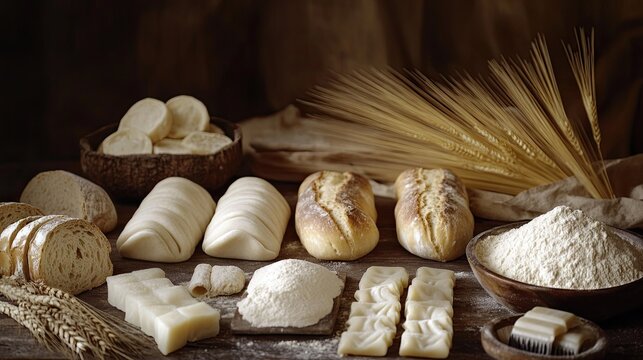 A rustic still life of various fresh breads, wheat stalks, flour, and dough on a wooden table - Powered by Adobe