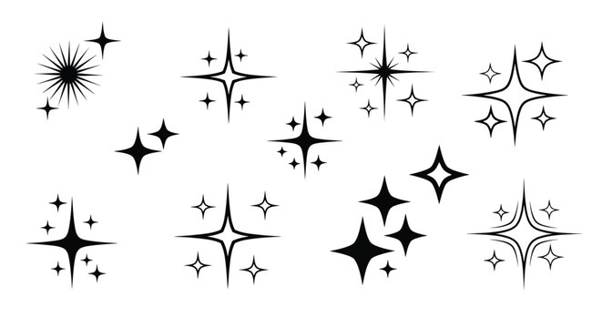 Versatile collection of black sparkle, glitter, and star graphic elements, ideal for adding brilliance and light effects to any design. A shining set of decorative glow and twinkle assets