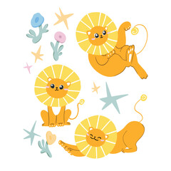 set of sweet cartoon lion characters with round yellow manes and floral decorative elements