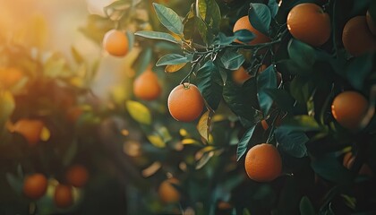 A close-up of fresh, ripe oranges hanging on a tree with green leaves