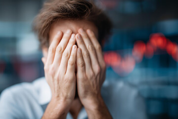Hands covering face at trading desk with red graphs defocused, faceless market panic, stock collapse visualization, blurred financial screens, crisis stress detail, trader anxiety