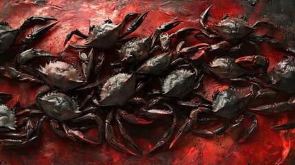 A striking close-up of live crabs clustered together on a dark red, textured background