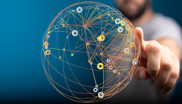 Abstract visual of a globe with connections, symbolising communication, technology, and global network, touched by human finger. Repr